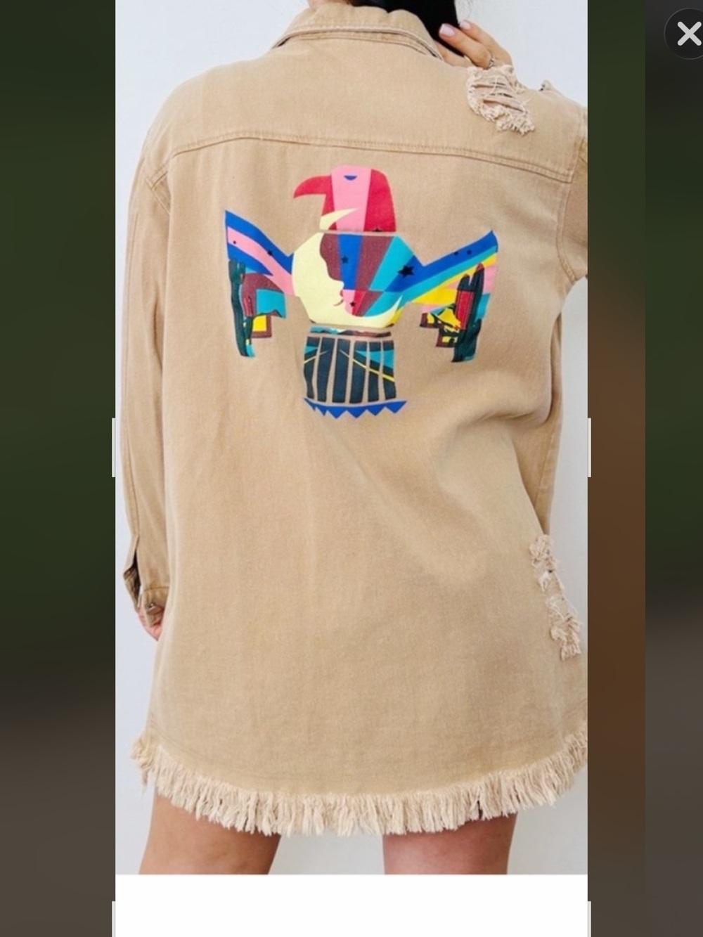 NEW blue b Tan Phoenix Distressed Frayed 100% Cotton Button Up Jacket Shacket S